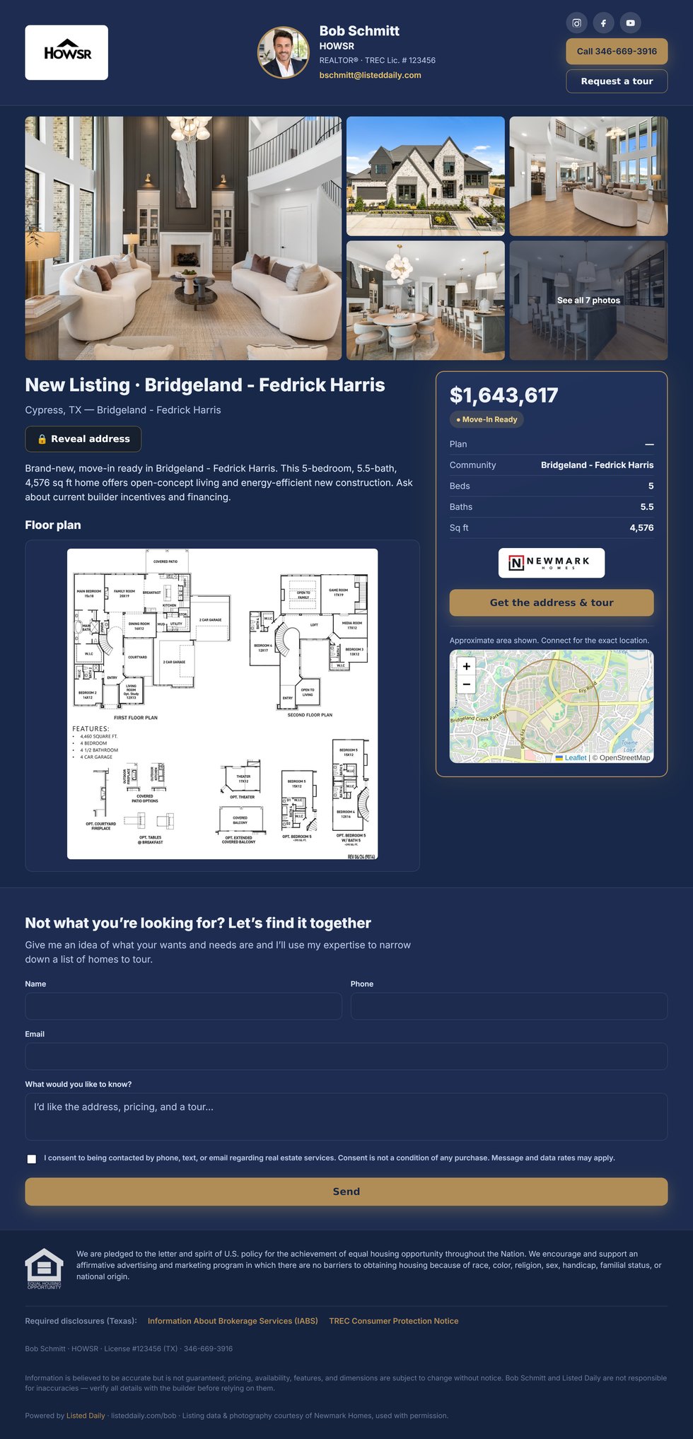 A daily listing page built for the agent — photos, price, floor plan, map, and a name / phone / email form that reveals the address or books a tour